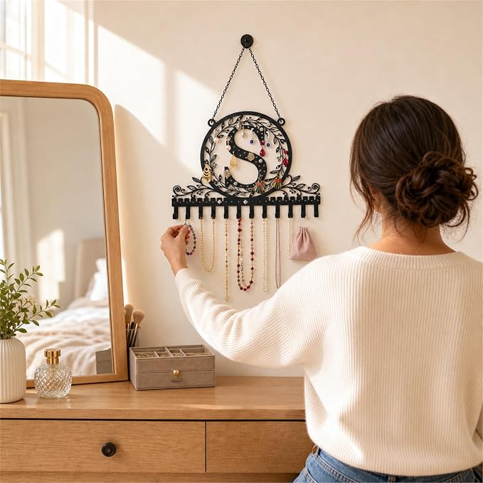 Personalized Wall Mounted Metal Initial Letter S Earring Holder Jewelry Organizer for Earrings and Necklaces Space Saving Wall Display with Hooks Jewelry Storage Bedroom Vanity Gift for Women