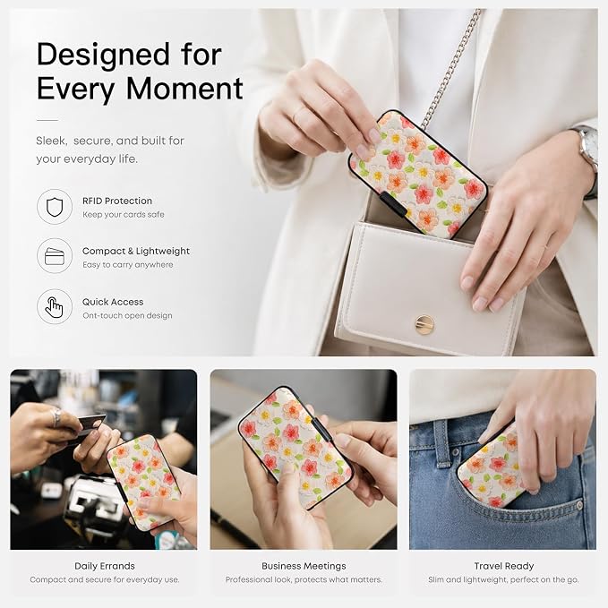 Credit Card Holder RFID Aluminum card case Flowers 2 mini Wallet Women Men | ABS Business ID Case,Hard Case Large Capacity 6 Slots, Waterproof Durable ，Secure Closure Slim Small Credit Card Protector