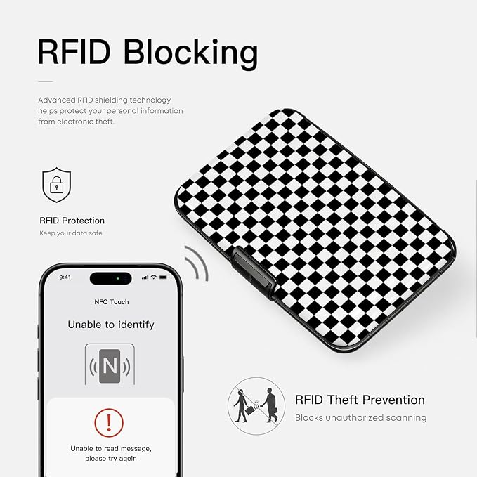 Credit Card Holder, Black and White Checkered, Mini Aluminum Wallet | RFID Blocking, Slim Design, Metal Business ID Case, For Women Men