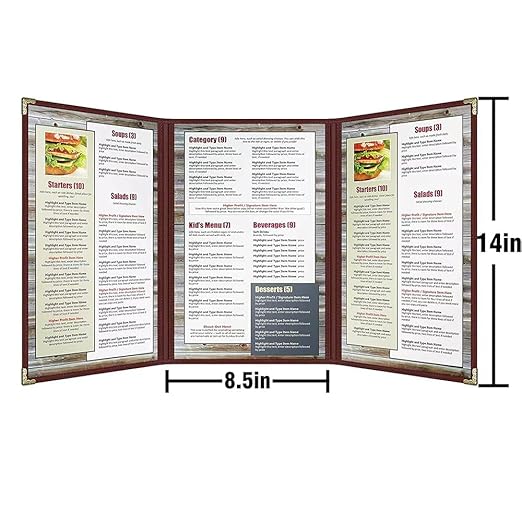Goodsmart Restaurant Menu Covers – 25 Pack Burgundy 6-View Trifold 8.5" x 14", Side-Loading Vinyl & Plastic Menu Holders, Clear Menu Sleeves, Leather-Style Café Covers with Gold Corners