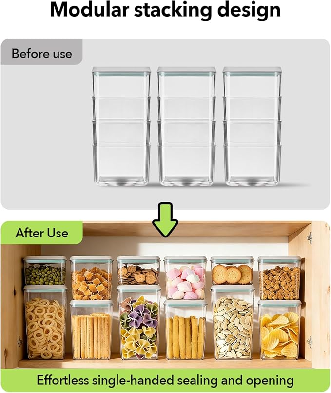 Airtight Food Storage with One-Touch Lid, (3 × 1.27 QT / 1.2 L) Stackable Durable PET for Sugar, Grains, Coffee Beans, and Baking Pantry Organization
