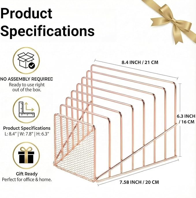 Simmer Stone Rose Gold Desk Organizer 7 Slot Inclined Vertical File Folder Holder Sorter with Mesh Front – Metal Wire Rack for Mail, Slim Binders, Books Office Organization & Desktop Accessories