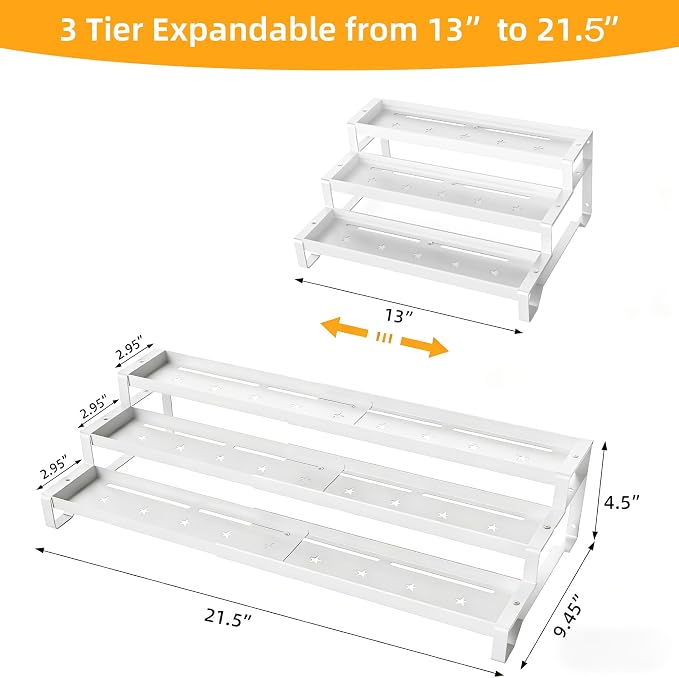 3-Tier Spice Rack Organizer 2 Pack, 13"-21.5" Expandable Spice Organization Shelf, Metal Seasoning Organizer for Kitchen Countertop or Pantry, Slip-Resistant Design for Jars and Bottles, White