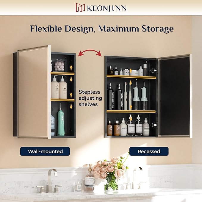 Keonjinn 20" x 26" Medicine Cabinets with Mirror for Bathroom, Brushed Nickel Recessed or Surface Wall-Mounted Aluminum Alloy Framed Beveled Mirror, Farmhouse Bathroom Mirror with Storage Cabinet