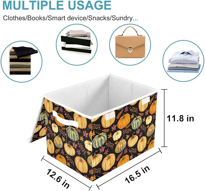CaTaKu Pumpkins Fall Leaves Storage Bins with Lids and Handles, Fabric Large Storage Container Cube Basket with Lid Decorative Storage Boxes for Organizing Clothes
