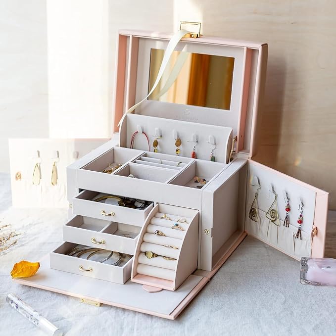 VLANDO Jewelry Box Organizer for Girls Women, Large Baroque Jewelry Holder Organizer with Mirror, 3 Drawers for Bracelets, Earrings, Rings, Necklaces, Mothers Day for Loved One, Pink
