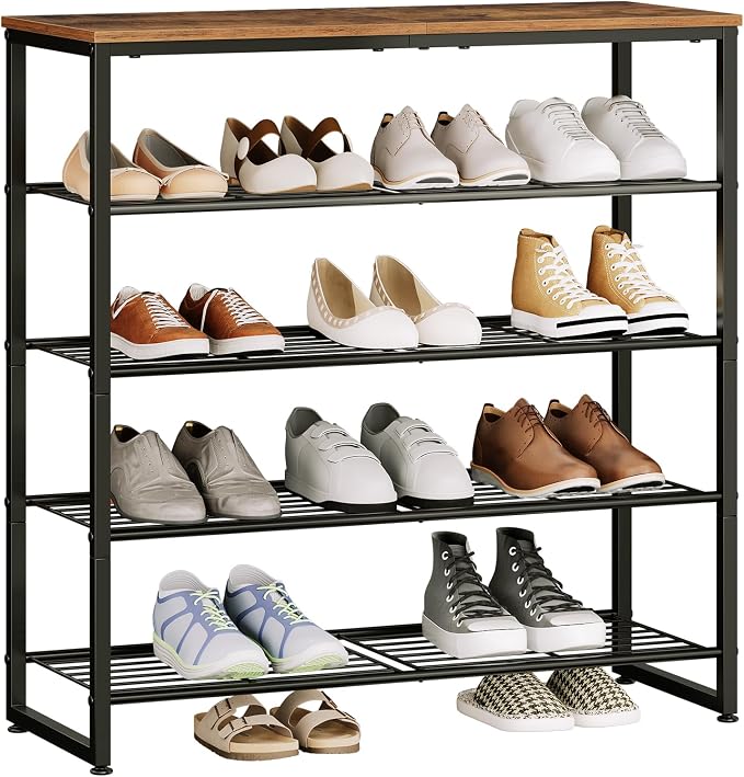 HOOBRO Shoe Rack, 5-Tier Narrow Shoe Organizer for Entryway, Holds 16-20 Pairs of Shoes, Metal Shoe Shelf with Removable Tier, Adjustable Feet, for Closet and Hallway, Rustic Brown and Black BF59XJ01