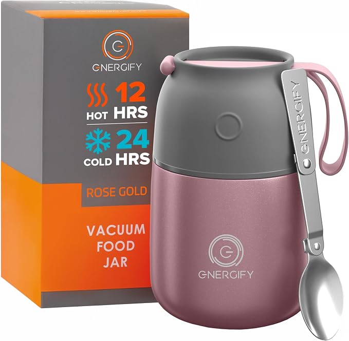 ENERGIFY Vacuum Insulated Food Jar. Large 17oz Bowl incl. Folding Spoon, Cup. Wide Mouth Keep Hot & Cold Drinks Soup Lunch Container for Adults. BPA-Free Stainless Steel, Leak Proof Rose Gold