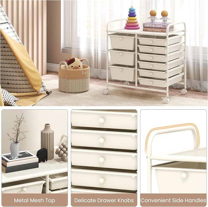 COSTWAY Rolling Storage Cart with 9 Drawer, Utility Cart with Metal Frame | Mobile Art Supply Craft Organizer, Multipurpose Storage Organizer for Paper, Office, School Teacher, Classroom, White