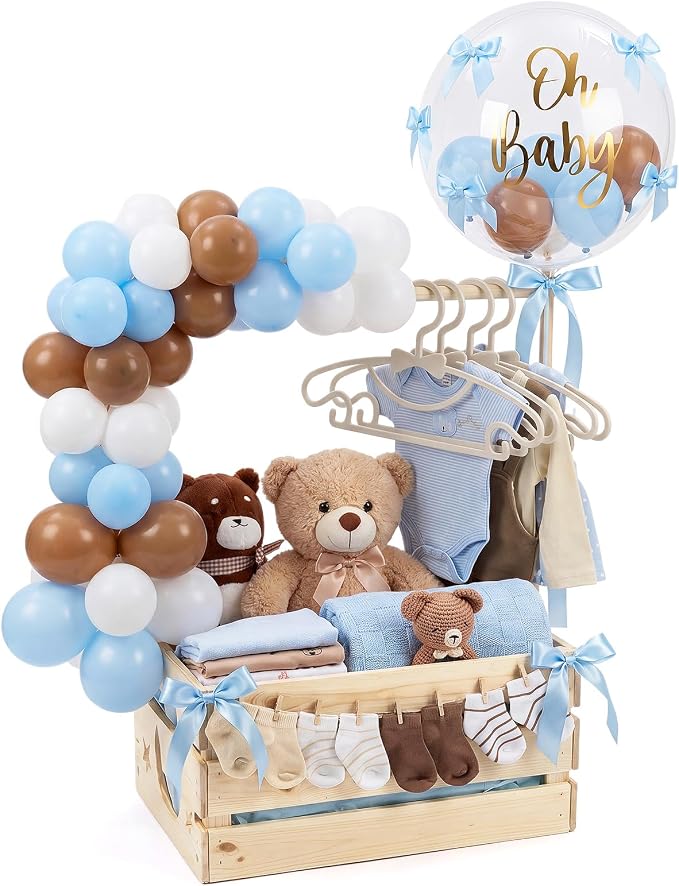 Wooden Baby Shower Crate Closet with Hanger Rack, Blue and Brown Bow Baby Gifts Basket with Balloon Accessories, DIY Babies Welcome Box for Pregnancy New Parent
