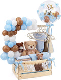 Wooden Baby Shower Crate Closet with Hanger Rack, Blue and Brown Bow Baby Gifts Basket with Balloon Accessories, DIY Babies Welcome Box for Pregnancy New Parent