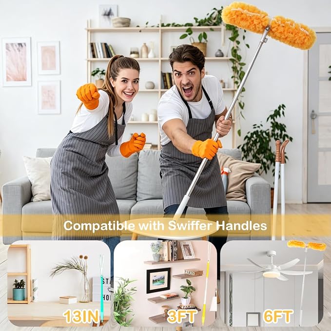 Extendable Duster Kit, 6 ft Telescoping Handle and 12 Disposable Microfiber Refills Pads, Dusters for Cleaning Ceiling Fan, Blind, Wall, Hard-to-Reach Areas