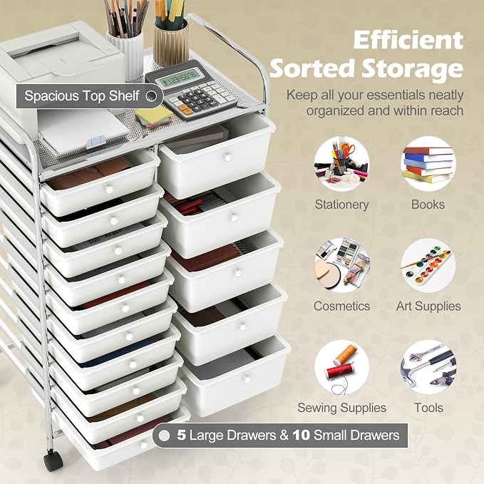 RELAX4LIFE 15-Drawer Rolling Storage Cart - Utility Cart with Metal Frame, Lockable Wheels & Removable Drawers, Multipurpose Art Craft Organizer for Home Office, Classroom (White)