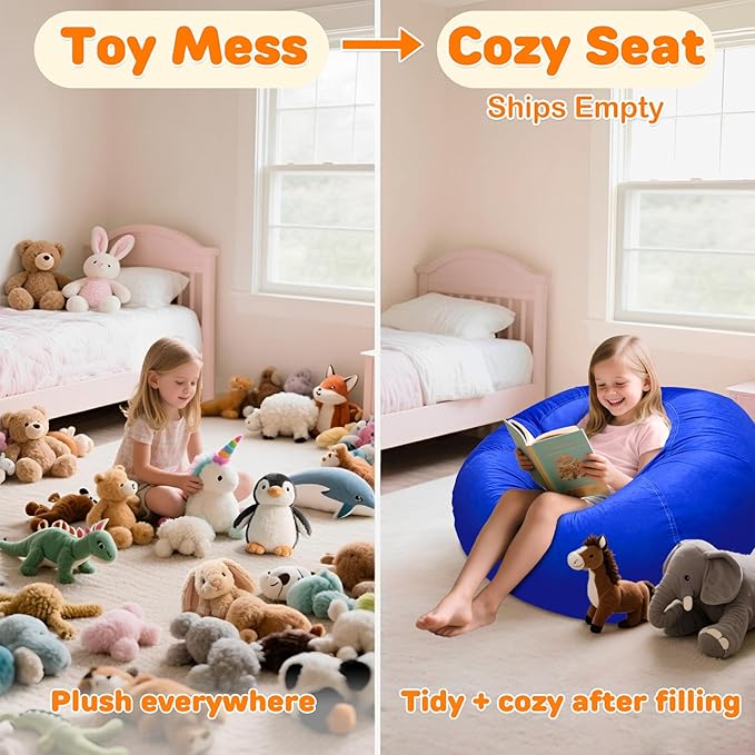 Lukeight Stuffed Animals Storage Bean Bag Chair Cover Only (Ships Empty, No Filling) - Velvet YKK Zipper Beanbag Cover for Toddlers and Kids, Washable Plush Toy Organizer, Large 27" D x 16" H