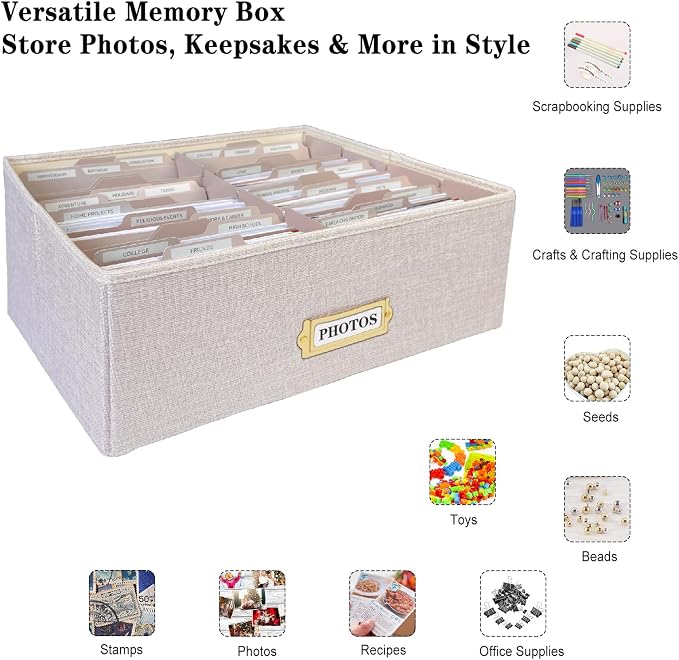 Linen Photo Storage Box – Holds 1700 Photos, Photo Organizer with Lid for Photo, Pictures, 24 Adjustable Dividers & 72 Labels Multi-Use Organizer Memory Box for Envelopes, Baby, Wedding, Cards Beige