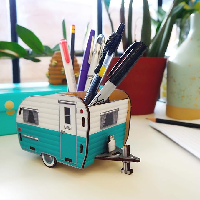 Genuine Fred HAPPY CAMPER Vintage Camper Pencil Holder, White and Blue, Retro Desk Organizer- Great Gift for Coworkers and Travel Enthusiasts - Functional Desk & Cubicle Accessory