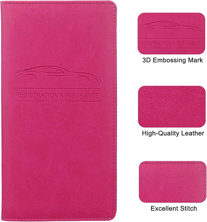 LumiMokki Premium Car Registration & Insurance Card Holder with Magnetic Shut, Vehicle Glove Box Car Organizer - For Documents, Cards, License (Rose red)