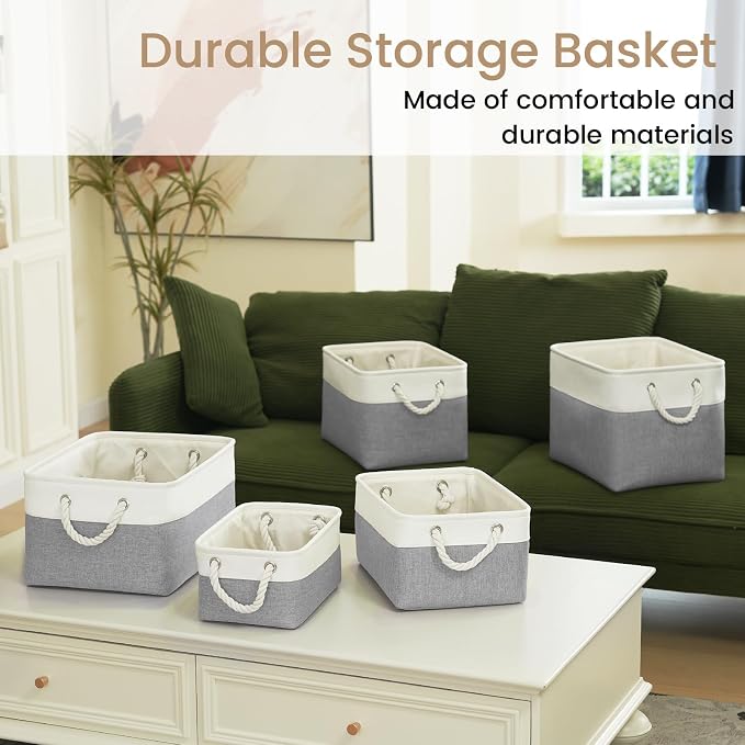 Large Storage Baskets- 15x11x10 inch Storage Bins for Shelves and Closet Organizing, Foldable Fabric Bin for Home Organization Clothes and Laundry (6-Pack, White&Gray)