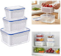 Fruit Storage Containers for Fridge with Removable Colander, Airtight Produce Storage Containers with Lids, Fridge Organizers and Storage for Berry, Fruit, Vegetables, Salad & Meal Prep (Blue, S+M+L)