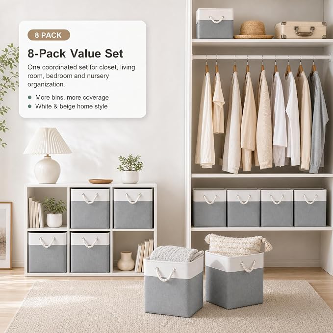 11x11 Inch Cube Storage Bins, 6 Pack Collapsible Fabric Storage Cubes with Rope Handles, Waterproof Foldable Storage Baskets for Cube Shelves, Closet, Clothes, Toys, Books, White & Gray