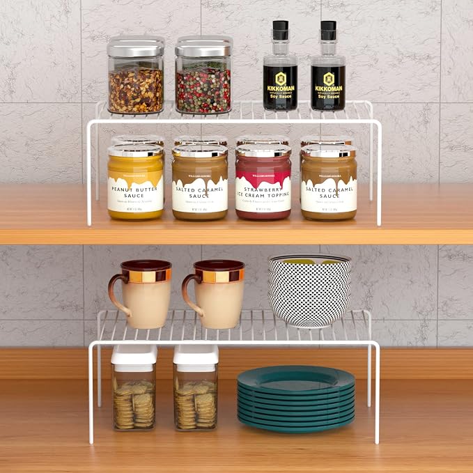 Kitchen Cabinet Shelf Organizer Set of 3, Large (15.7 x 9.4 inch) Metal Wire Pantry Storage Shelves, Dish Plate Racks for Cabinets, Freezer, Counter, Cupboard Organizers and Storage, White