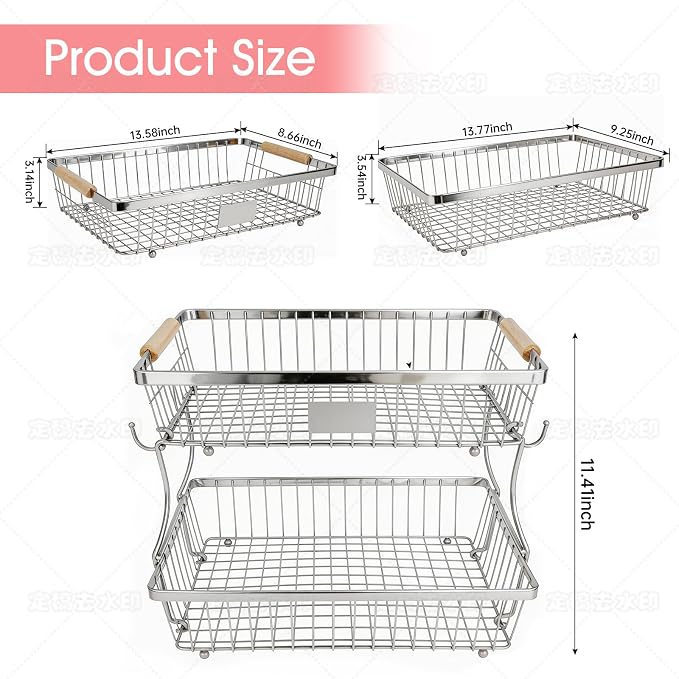 Fruit Basket Bowl 2 Tier Detachable with 2 Banana Hangers, Fruit Stand Holder for Kitchen Countertop, Metal Wire Vegetable Storage Organizer, for Bread Snack Veggies Produce, Chrome