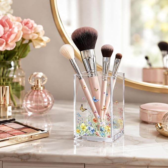 Flower Pen Holder Cup, Acrylic Pencil Organizer, Aesthetic Desk Decor, Minimalist Floral Office Accessories for Women