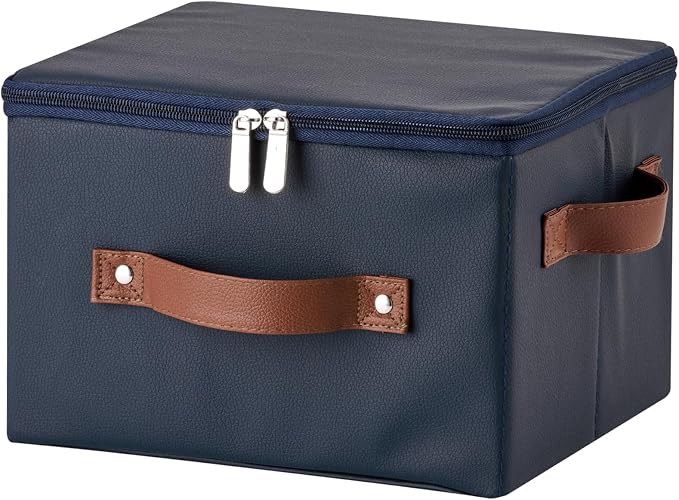 Storage Bins with Zipper Lid PU leather Storage Boxes Leather Fabric Collapsible Lidded Baskets Cube with Handle Decorative Shelves Closet Office Organizer Container(Dark Blue, Small Size)