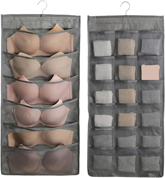Bra and Underwear Hanging Storage Organizer Mesh Pockets Dual Sided Wall Shelves Space Saver Bag Sock Underpants Drawer Closet Clothes Rack (Gray:(6+18pockets))