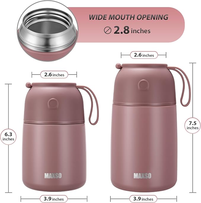 MAXSO 2 Pack Soup Thermo for Hot & Cold Food for Kids Adults, Vacuum Insulated Food Jar Thermal Lunch Containers, Travel Food Flask with Spoon (24 oz,17 oz) (Dusty Rose)