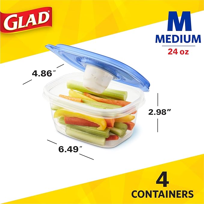 Glad GladWare To Go Snack Food Storage Containers with Lids, Medium Rectangle No BPA Plastic with Built-In Dressing Cup for Salads and Snacks, Microwave Dishwasher Safe, 24 Oz, 4 Count