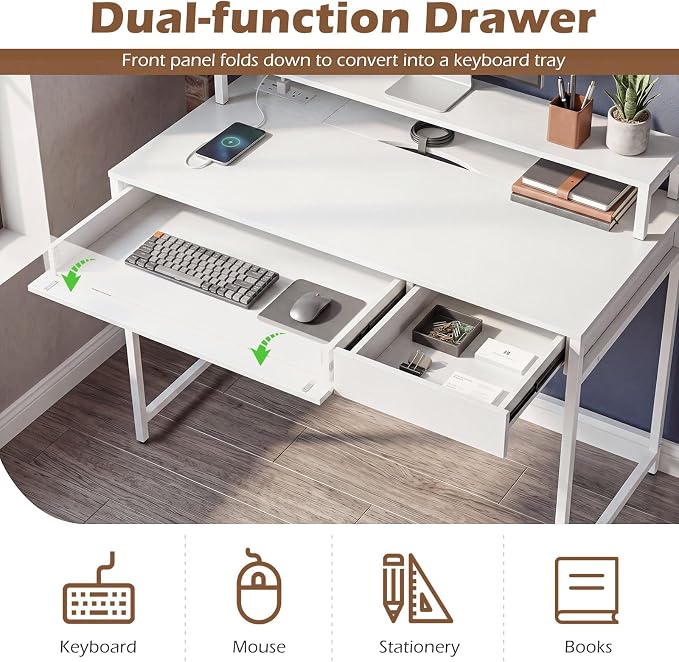 Tangkula Computer Desk with Dual-use Drawer & Keyboard Tray, Home Office Desk with Removable Monitor Shelf & Power Outlets, Modern Writing Desk Study Table for Home Apartment Dorm (White)