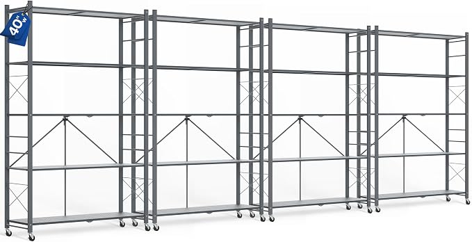 ALANNG 40" W Foldable 5-Tier Storage Shelves on Wheels Adjustable | Removable Metal Rack, Heavy Duty Rolling Organizer for Kitchen, Garage, Closet, Pantry, and Office (Grey,4 Pack)