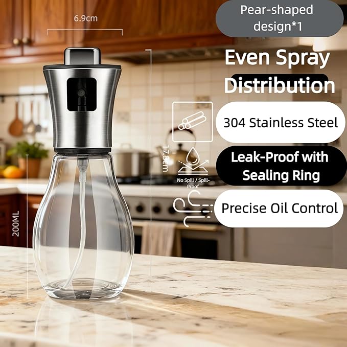 Olive Oil Fine Mist Spray Bottle - 6.7oz/200ml Cooking Sprayer for Air Fryer, Salad, Grilling & Frying - Kitchen Essential Tool（304 Stainless Steel）（with 3D stickers）
