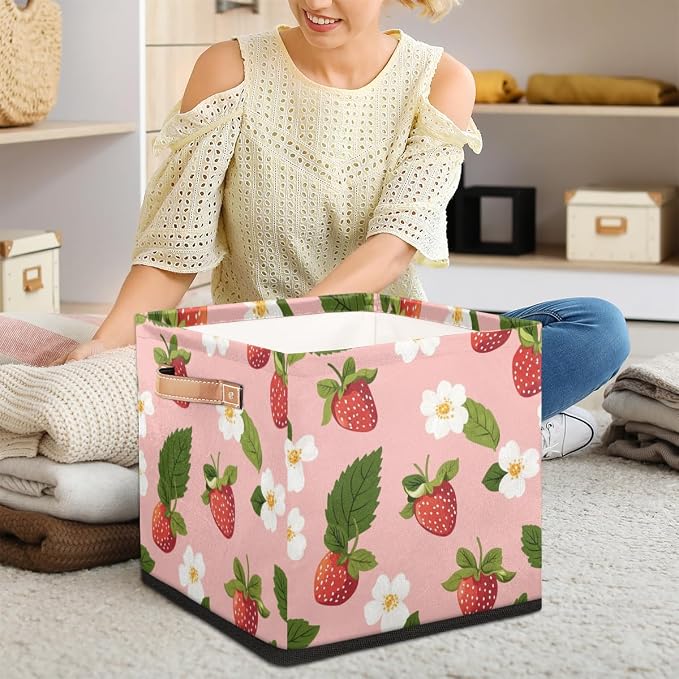TropicalLife Floral Strawberry Storage Cube, 13 Inch Fabric Cube Storage Organizer Bin for Shelves Clothes, Decorative Foldable Storage Boxes