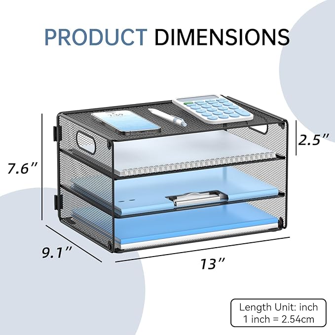 Daltack 3-Tier Paper Organizer with Handle, Mesh Desk Organizer Letter Tray, Paper Tray Organizer File Organizer for A4 File Folder, Black, 2 Pack