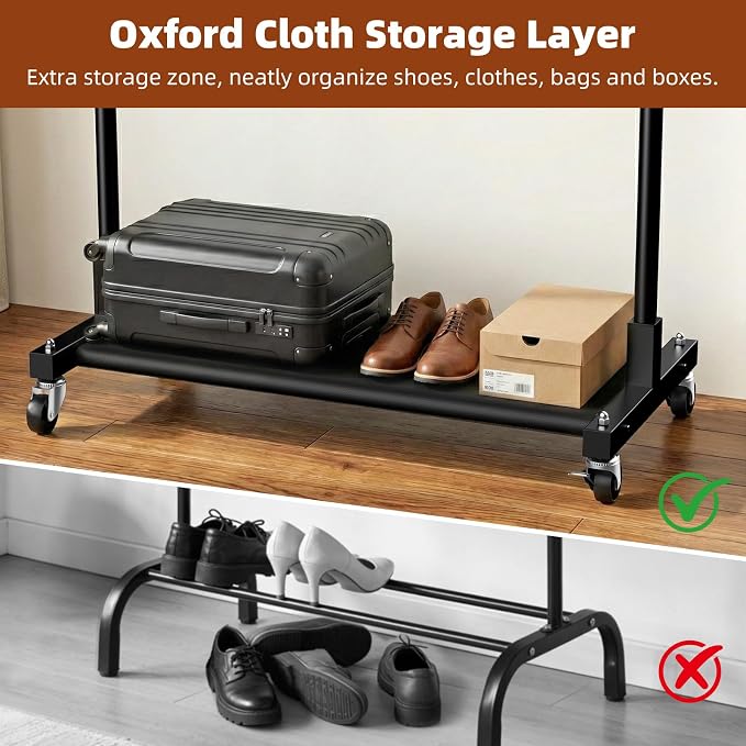 Luxspire Clothes Rack with Lockable Wheels, Simple Clothing Garment Rack with Storage Shelves, Hanging Racks for Clothes with Single Rods for Laundry Room, Balcony, Bedroom, Bathroom, Black