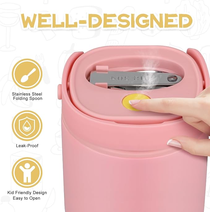 20oz Soup Thermo for Hot Food with a Snack Box Container，Leak Proof Insulated Lunch Container Kids and Adults，Stainless Steel Double Wall Vacuum Wide-mouth Food Jar with Spoon and Handle（Pink）