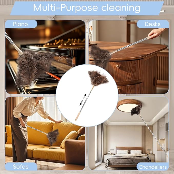 THARAHT Extendable Ostrich Feather Duster up to 27-94 inches Fluffy Feathers Long Handle Reusable for Cleaning Ceiling Fan Pendant lamp High Ceiling Blinds Furniture Feather Duster