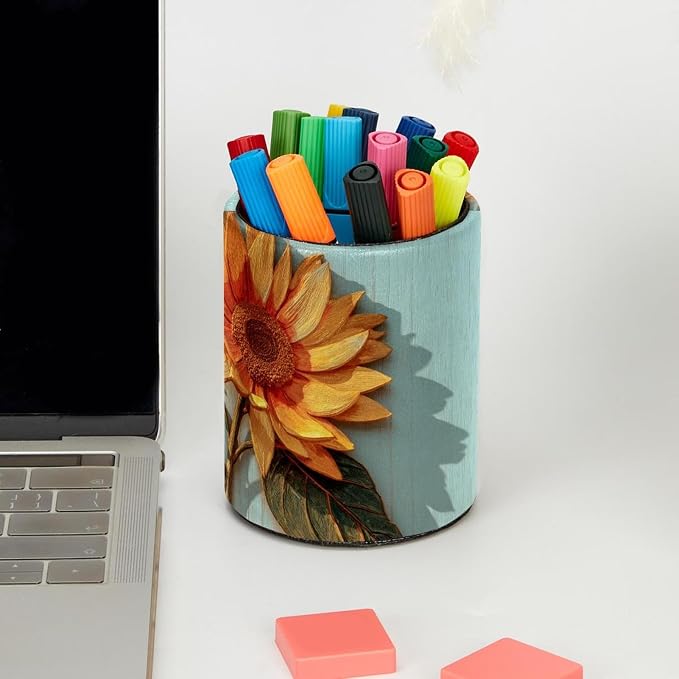 Faux Leather Pen Holder for Desk, Pencil Organizer Sunflower and Wooden Plank Pen Cup Desk Decor Makeup Brush Holder Storage for Office Home