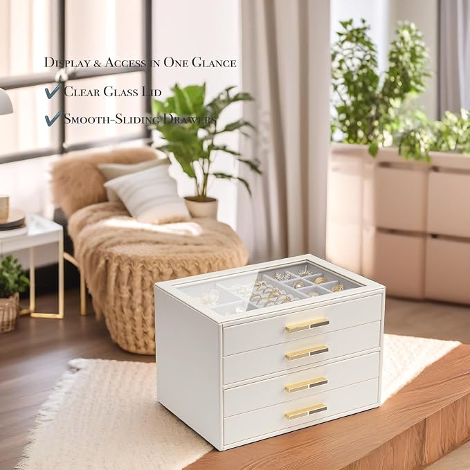 VLANDO 4-Drawer Jewelry Box with Glass Lid, Faux Leather Organizer for Rings Earrings Necklaces and More, Gift-Ready Jewelry Case for Women Girls or Moms, Beige