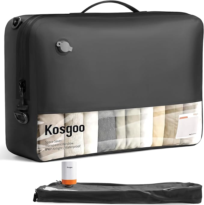 Vacuum Compression Bags for Travel with Pump 180° Open Vacuum Seal Bags for Carry-on Luggage Home Storage, IP67 Waterproof Space Saver Storage Bag (1 Pack with Pump, Black)