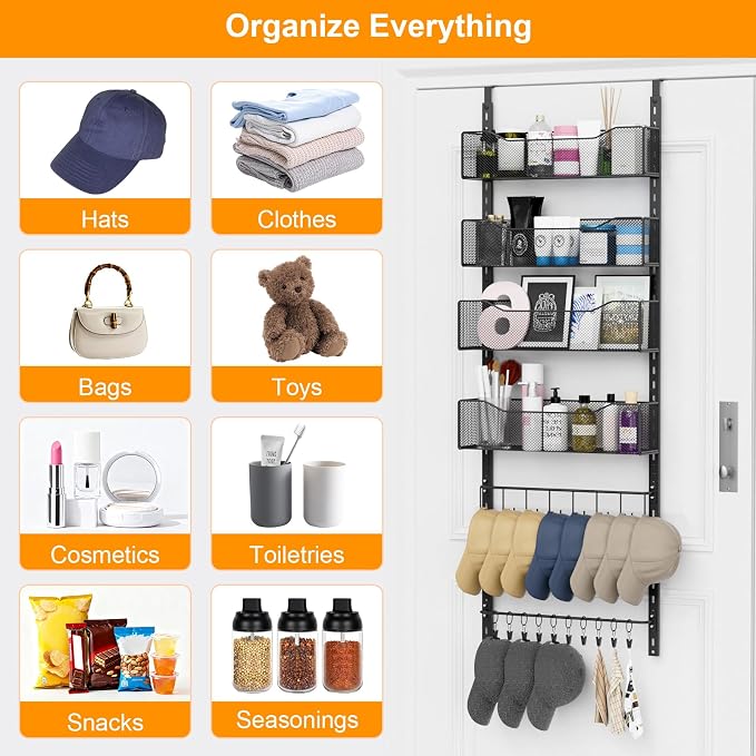Over the Door Organizer, 2 in 1 Metal Hanging Closet Organizer & Hat Rack with 4 Adjustable Baskets, 8 Hooks, 10 Clips, Behind The Door Storage for Bedroom, Bathroom, Entrance, Closet, Kitchen, Black
