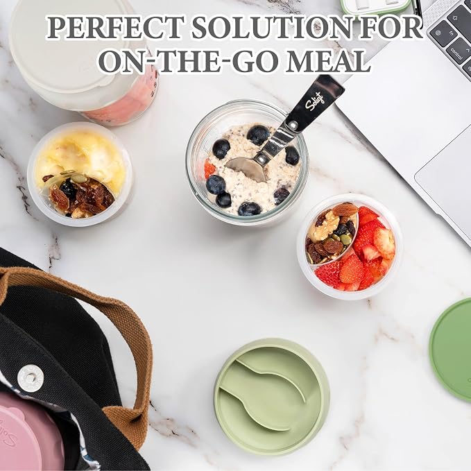 SOLIGT 2 Pack Overnight Oats Containers with Lids (Oat White/Oat White) | Folding Spoons and Divided Compartments for Fruit&Nuts, Small Glass 16oz Mason Jars for Oatmeal Yogurt Parfait