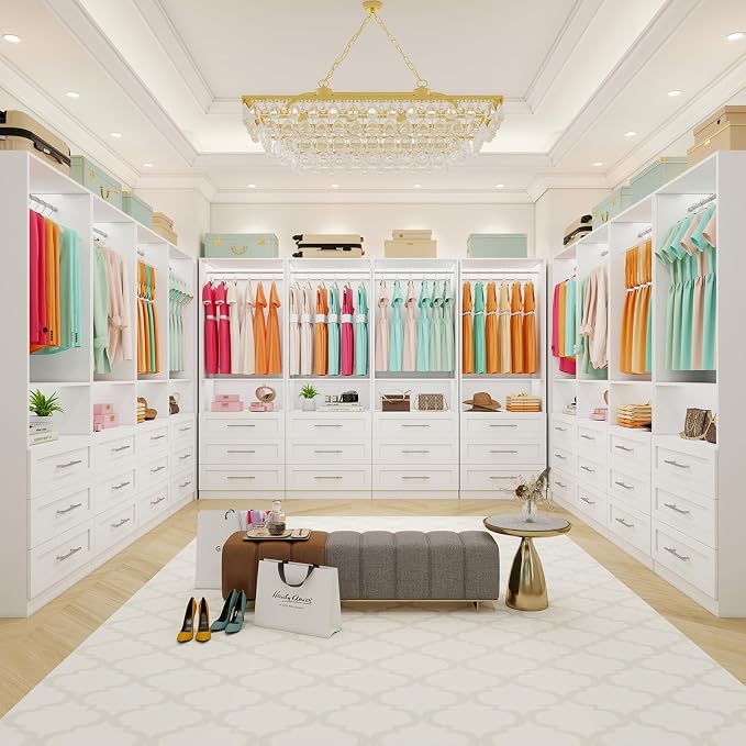 Closet System with 3 Drawers, 2-5FT Small Custom Closet Organizer System Shelving Wood with 2 Hanging Rods & Shelf, Walk-in Closet System Freestanding, Modular Closet Organizer System, White