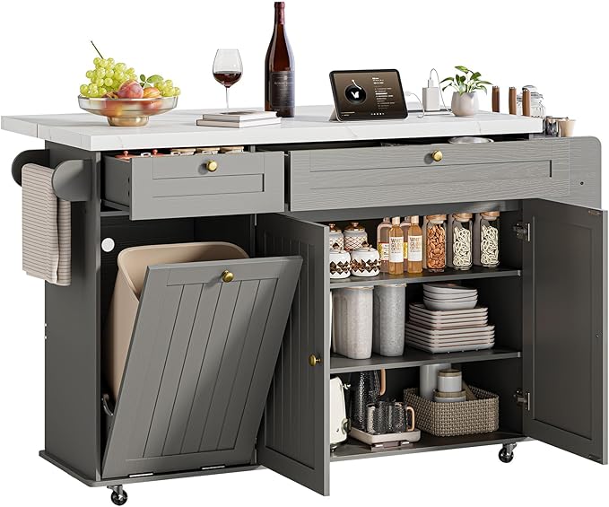 ONBRILL 60" Kitchen Island with Power Outlet & Drop Leaf, Rolling Island with Spice Rack & Towel Rack, Kitchen Island Cart with Trash Storage Cabinet, Island Table for Kitchen, Grey+Imitation Marble