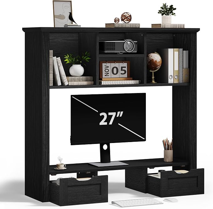 Desk Shelf with Computer Monitor Stand, 37.4''W Desktop Bookshelf Display Rack, Desktop Organizer Storage Rack with Cubbies & Drawers, 5-Tier Hutch for Home, Office, Dorm, Vanity, Black