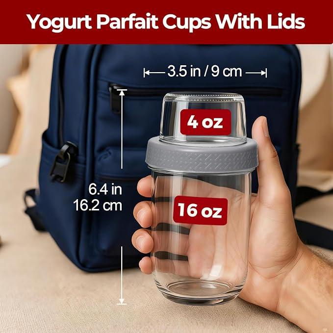 16+4 oz Glass Parfait Cups with Lids 2 Pack Overnight Oats Container | Dry Wet Separation, Jar for Overnight Oats,Chia Pudding,Snacks,Nuts, Fruit,Granola Toppings,Meal Prep