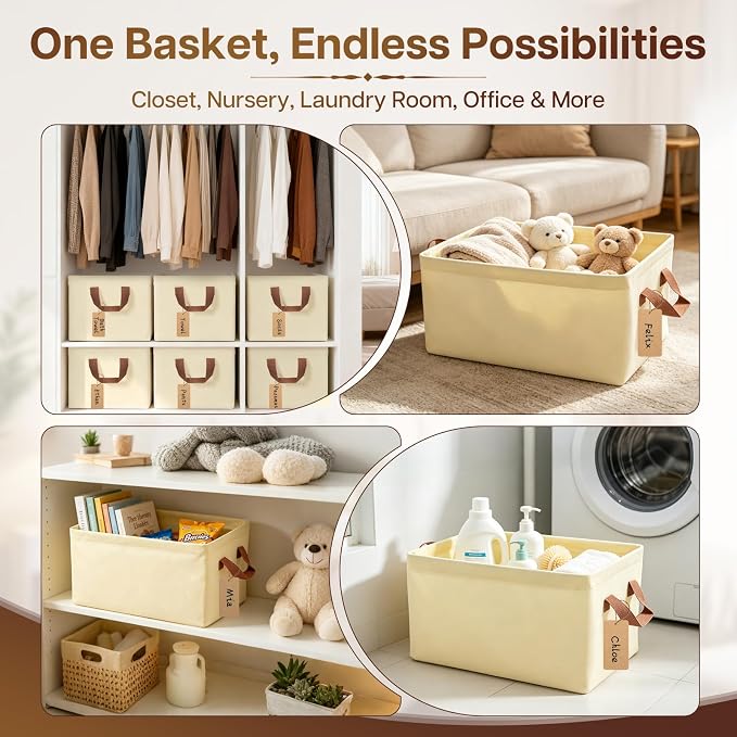 15" Long Fabric Storage Bins 6 Pack, with Handles for Shelves | Collapsible closet organizer bins, sturdy metal frame, 12 labels + twine, for clothes, toys, shelves.