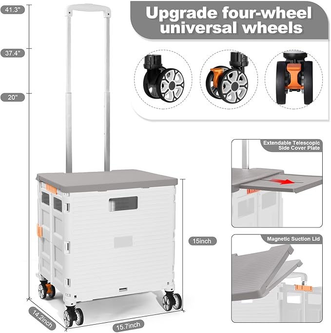 Foldable Utility Cart Folding Portable Rolling Crate with Magnetic Extended Lid,360°Rotate Wheels,176LBS Load Capacity,Heavy Duty Durable Dolly Cart for Teacher Tourist Shopping Office Outdoor(White)